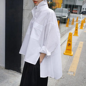 Women's White Loose Fit Irregular Long Sleeve Shirt Mimarta