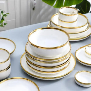 High-quality Matte Gilt Rim White Porcelain Dinner Tray Kitchen Plates Ceramic Tableware Food Dishes Rice Salad Noodles Bowl Rieworkes