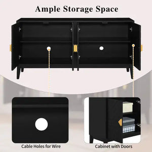 4-door Sideboard Storage Cabinet For Living And Dining Room, Two Large Cabinets With Gold Handle And Adjustable Shelves, Black Rieworkes