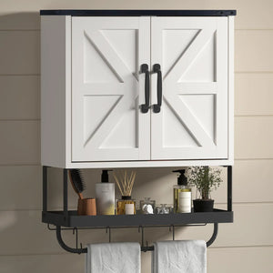 Timboniture Bathroom Cabinet Wall Mounted with 2 Barn Door Wood Medicine Cabinet Organizer with Adjustable Shelf and Towel Bar Storage Cabinet for Bathroom Laundry Living Room (White) Mimarta