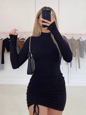 Black Turtleneck Ruched Bodycon Mini Dress for Women Mimarta