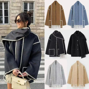 Women's Thick Woolen Coat with Scarf Rieworkes