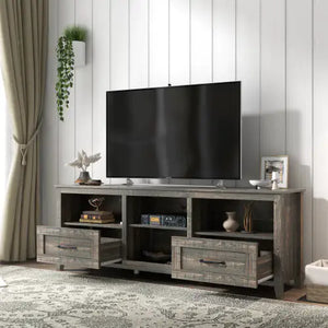 70 Inch Length TV Stand For Living Room And Bedroom, With 2 Drawers And 4 High-Capacity Storage Compartment, Black Pine Rieworkes