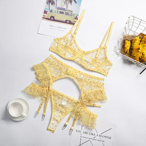 Yellow Floral Mesh Patchwork Underwear Set Rieworkes