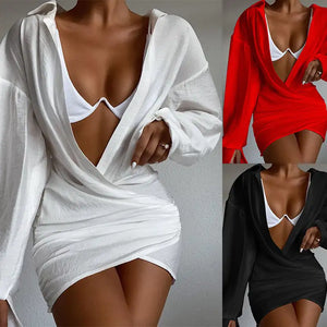 Deep V-neck Solid Color Long Sleeve Mini Dress Mimarta