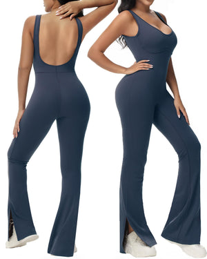 Wenlia One Piece Workout Jumpsuits for Women Slit Flared Athletic Jumpsuits Backless Yoga Running Bodycon Jumpsuit Mimarta