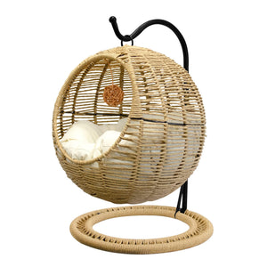 BROWN-BROWN Wicker Cat Bed Indoors & Outdoors Hand Made Cat Swing Bed with Removable Cushion & Hanging Ball Washable Pet Swing for Cat Small Dog Small Animals Mimarta