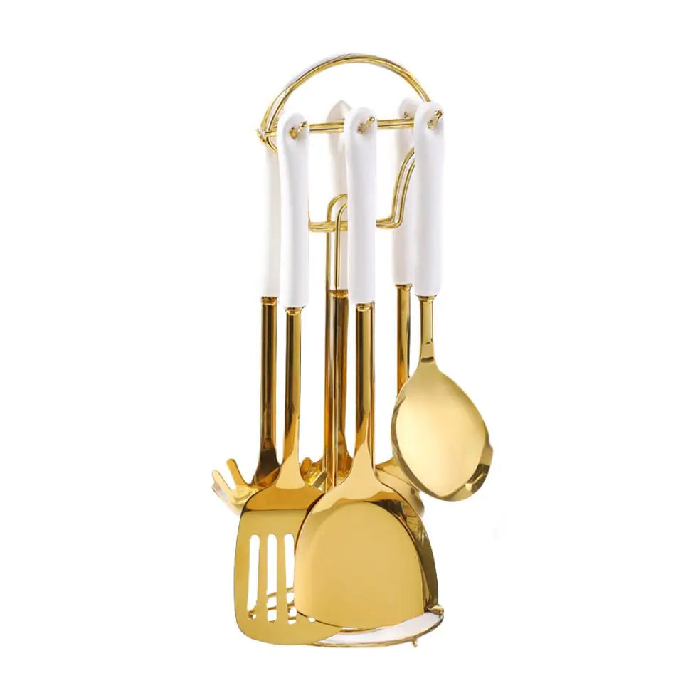 Ceramic Handle Stainless Steel Kitchenware Cooking Utensils 7 Pcs with Hanging Shelf Anti Scalding Cooking Sets Light Luxury Kitchenware Sets (White) Rieworkes
