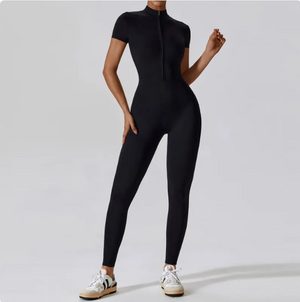 Zippered Short Sleeve Yoga Jumpsuit Mimarta