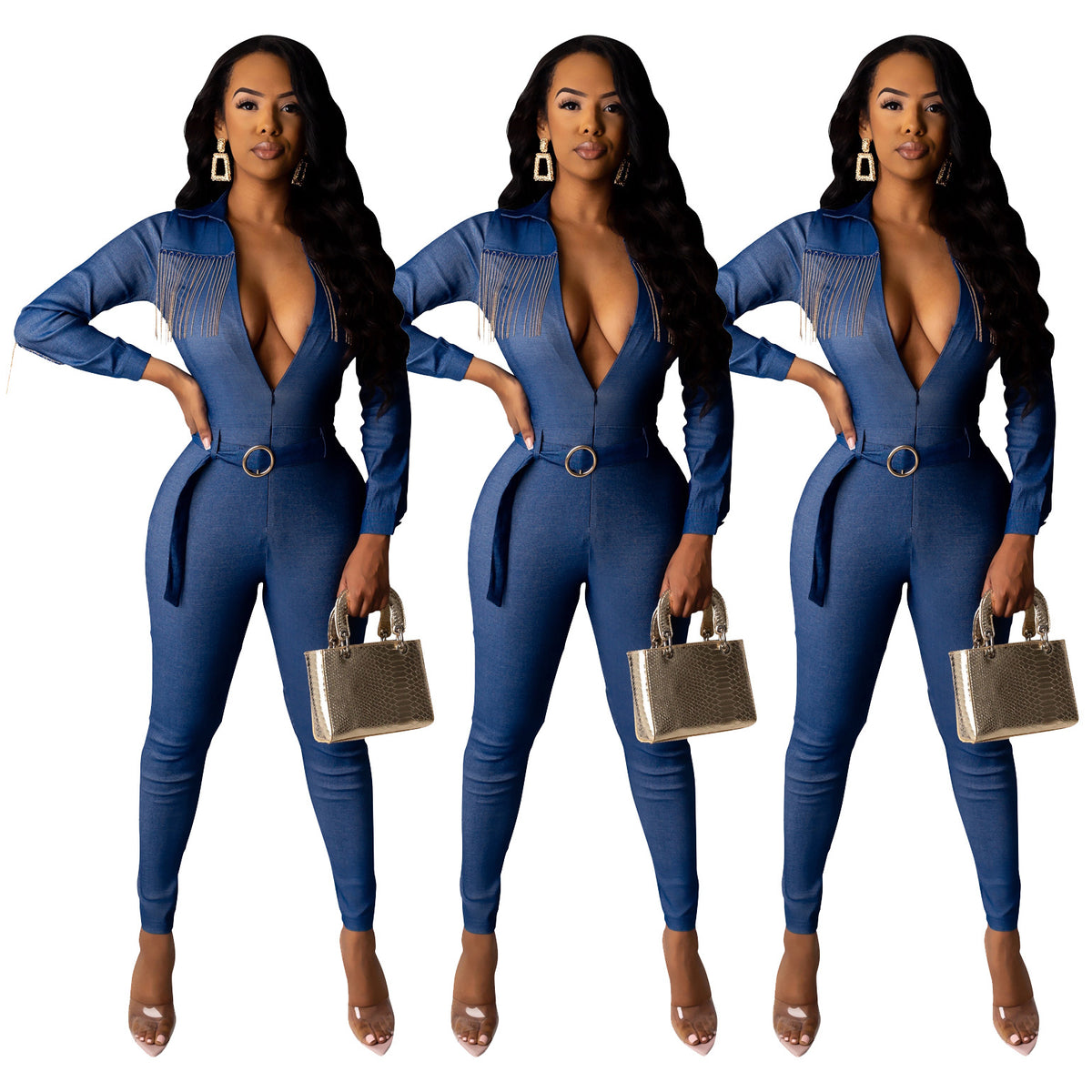 Fashionable Denim Fringed Jumpsuit with Belt Mimarta