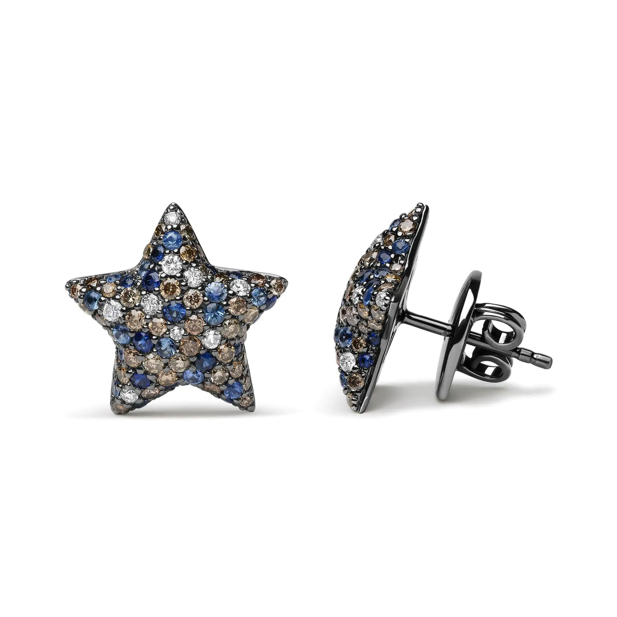 Black Rhodium Plated 18K White Gold 1.00 Cttw Diamond and Round Blue Sapphire Gemstone Micro-Pave Star Stud Earrings (Brown and G-H Color, SI1-SI2 Clarity) Rieworkes