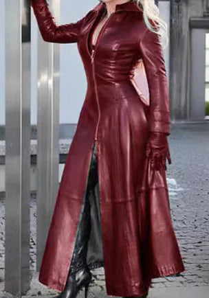 Women's Long PU Leather Jacket with Stand Collar Mimarta
