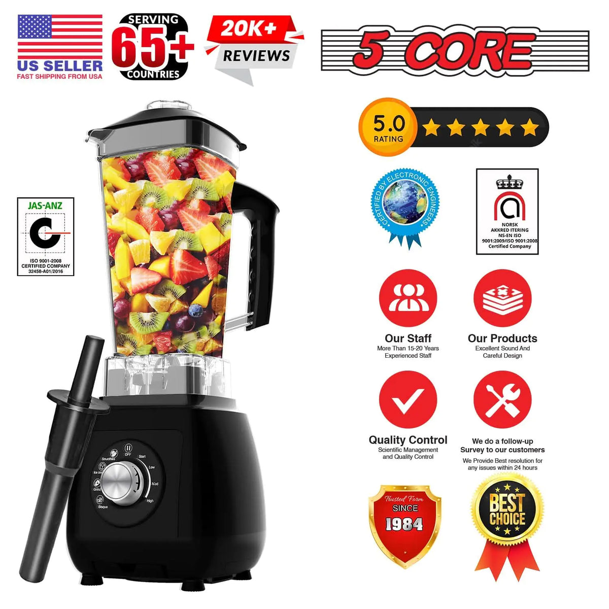 5Core Juicer Blender Machines 2000W Countertop Kitchen Smoothie Maker w 68oz Jar Rieworkes