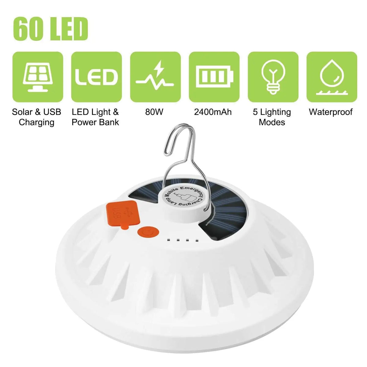 Rechargeable 60 LED Outdoor Camping Tent Light USB &amp; Solar Lantern Hiking Lamp Rieworkes