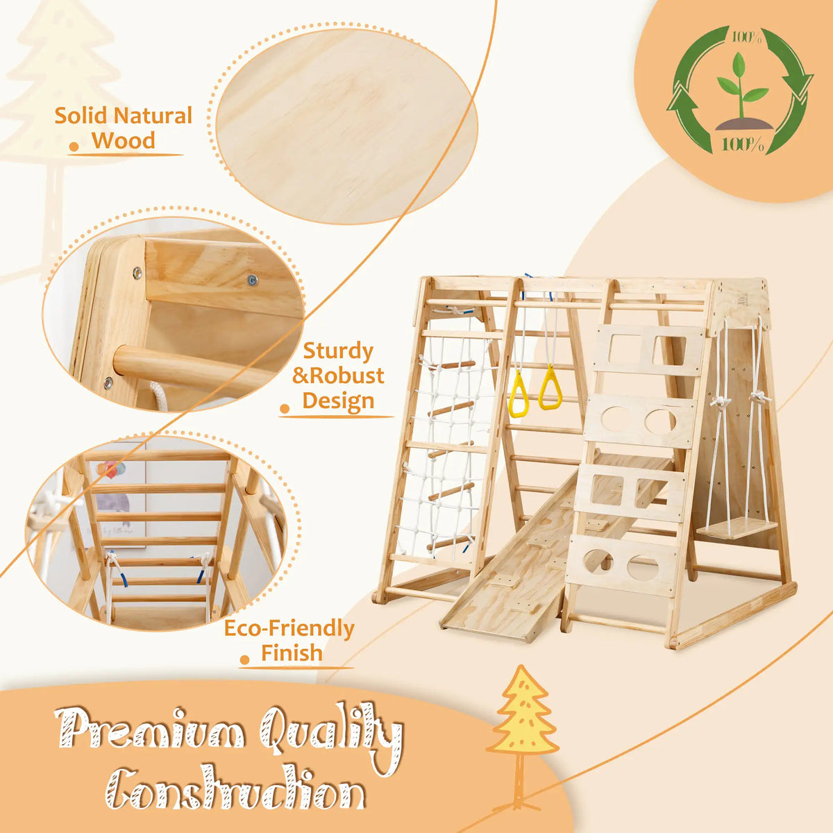 Toddler Indoor Wooden Gym 8-in-1 Indoor Playground Climbing Playset Rieworkes