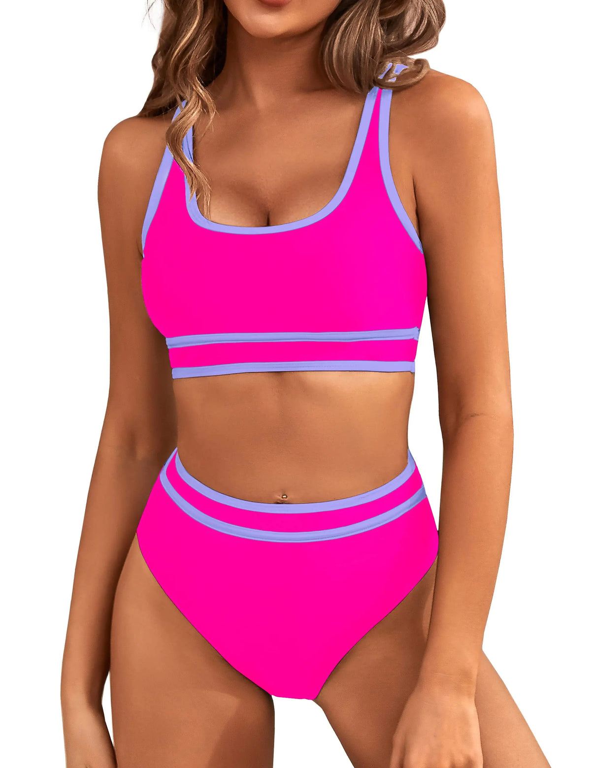 BMJL Women's High Waisted Bikini Sets Sporty Two Piece Swimsuits Color Block Cheeky High Cut Bathing Suits Small Hot Pink011 Rieworkes