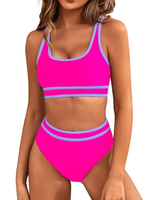 BMJL Women's High Waisted Bikini Sets Sporty Two Piece Swimsuits Color Block Cheeky High Cut Bathing Suits Small Hot Pink011 Rieworkes
