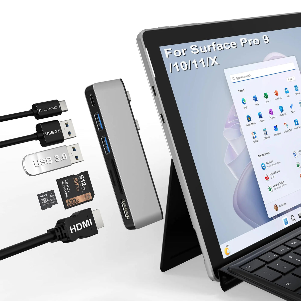 Surface Pro 11 USB Hub Surface Pro 9 USB Hub Docking Station with 4K HDMI USB-C Thunderbolt 4(8K Video+Data+100W PD) USB 3.0 * 2 SD TF Card Slot USB C Hub for Surface Pro 11/Pro 10/Pro 9/Pro X Mimarta