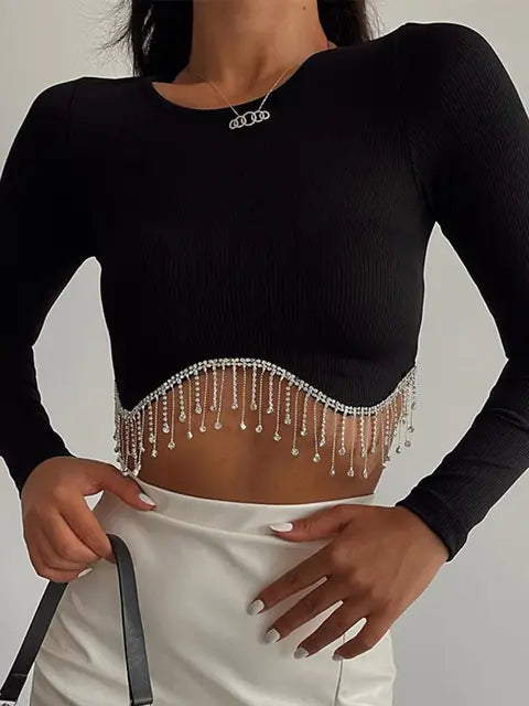 Elegant Rhinestone Tassel Cropped Top Rieworkes