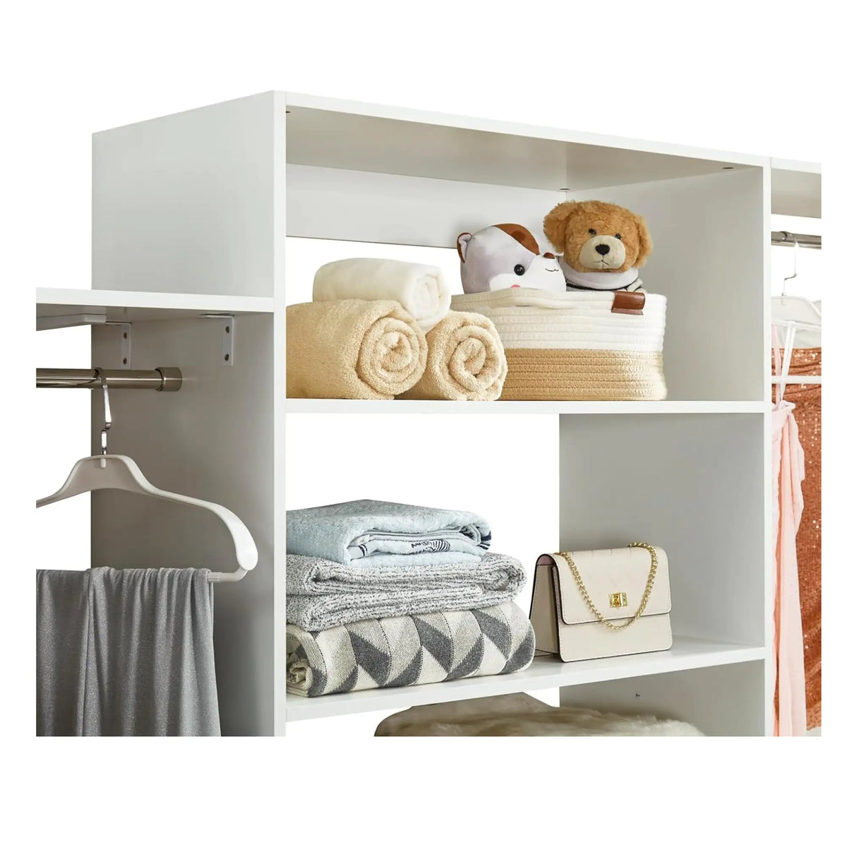 306 Closet Organizer System with Closet Shelves Wall Mounted, White Clothing Racks for Hanging Clothes, Clothes Organizer with Closet Drawers, Wooden Wardrobe Closet System with Hanging Rod Rieworkes