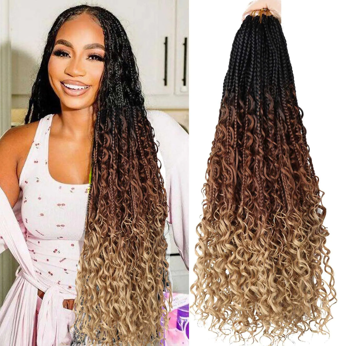 Goddess Box Braids Crochet Hair-24 inch 8 Packs Boho Crochet Box Braids With Curly EndsPre Looped Bohemian Box Braids Crochet Hair for Black Women Synthetic Hair Extensions 1B/30/27 Rieworkes