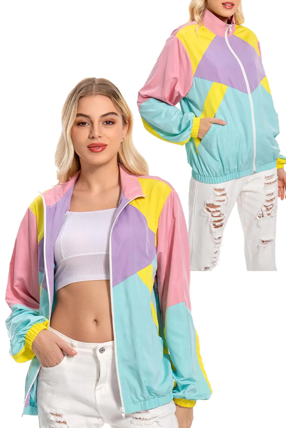 MASSWO Women 80s Sportswear Set Colorblock Sweat Suit Retro Tracksuit Jacket Hip Hop Windbreaker Rave Track Suit Rieworkes