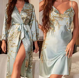 Cherry Print Satin Nightgown & Robe Set Rieworkes