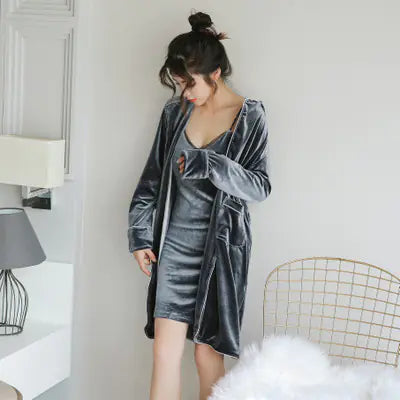 Luxury Velvet Three-Piece Pajama Set with Robe Mimarta