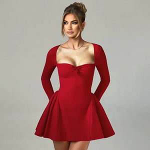 Socialite Style Elegant Slim Fit Fitted Waist Bubble Long Sleeve Dress Rieworkes