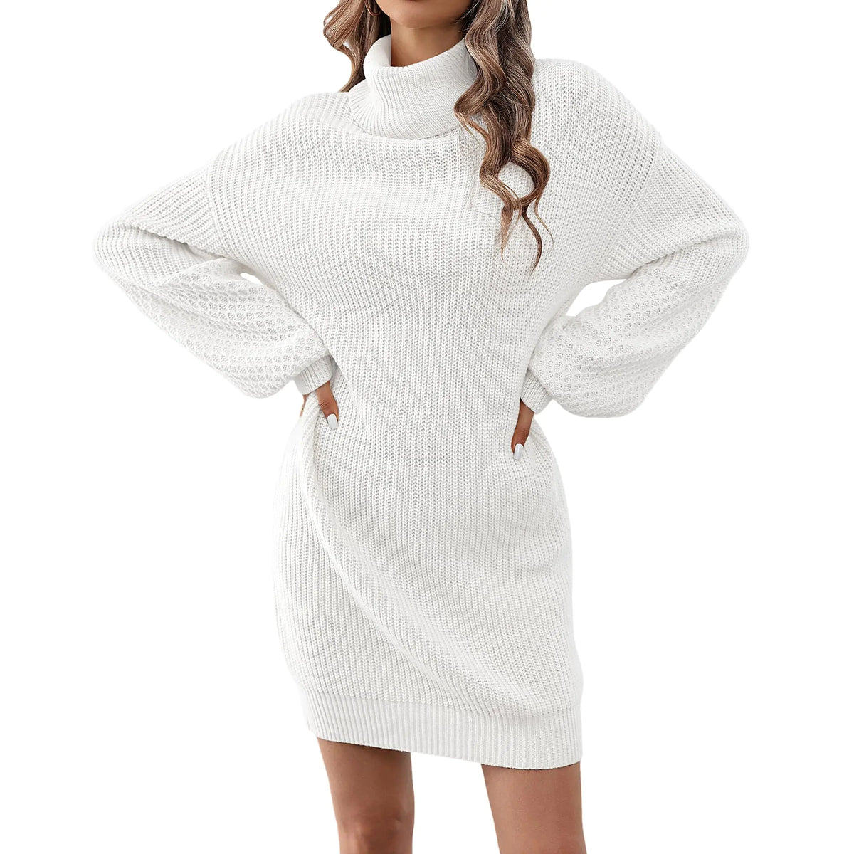 ZLIGXEA Sweater Dresses Women Oversized Fall Turtle Neck Pullover Ribbed Knit Long Batwing Sleeve Mini Dress(White M) Mimarta