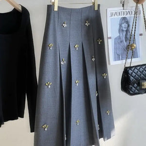 Luxury College Style Rhinestone Pleated Skirt Mimarta