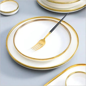 High-quality Matte Gilt Rim White Porcelain Dinner Tray Kitchen Plates Ceramic Tableware Food Dishes Rice Salad Noodles Bowl Rieworkes