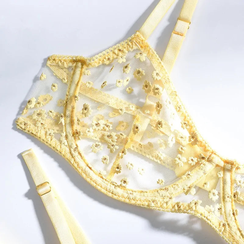 Yellow Floral Mesh Patchwork Underwear Set Rieworkes