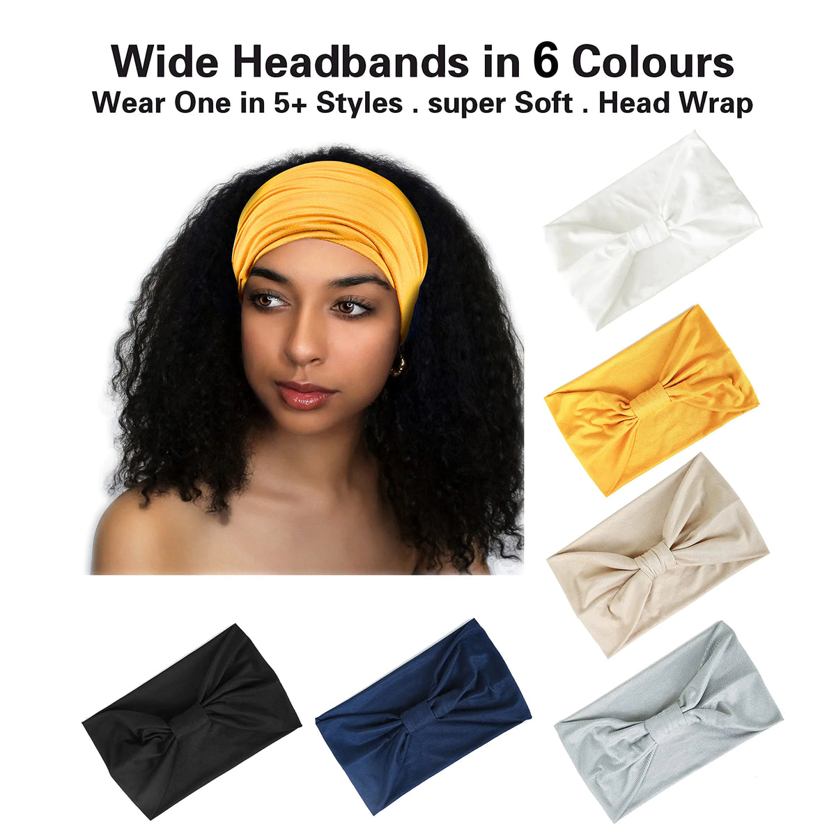 GILI 6 Pack Wide Headbands for Women Non Slip Soft Elastic Hair Bands Yoga Running Sports Workout Gym Head Wraps, Knotted Cotton Cloth African Turbans Bandana (with 6 Pcs Hair Ties) 6 Color (White+Black+Navy+Yellow+Light Grey+Skin) Rieworkes