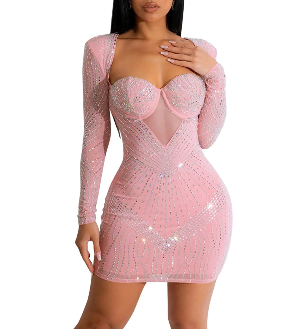 Zoctuo Womens Sexy Elegant Rhinestone Long Sleeve Birthday Dresses Sparkly Party Club Night Outfits(6706PinkXL) Mimarta