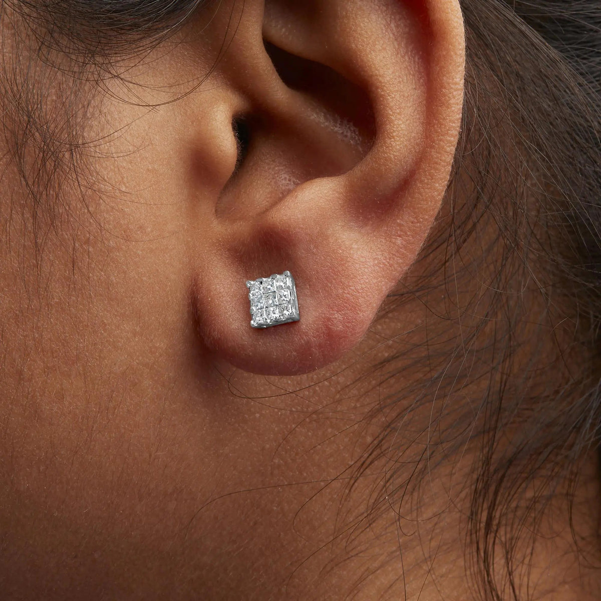 10K White Gold 1/2 Cttw Invisible Princess - cut Diamond 9 Stone Composite Stud Earrings (I - J Color, I3 Clarity) - Rieworkes
