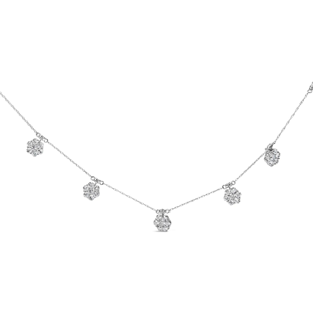 10K White Gold 3.0 Cttw Round - Cut Diamond 7 Stone Cluster Station Necklace (H - I Color, I1 - I2 Clarity) - 18" - Rieworkes
