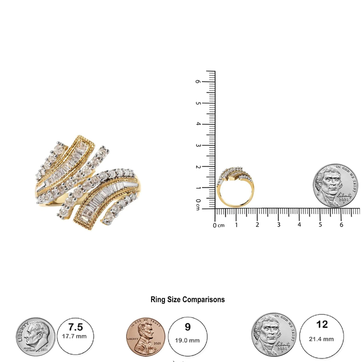 10K Yellow Gold 1.0 Cttw Round and Baguette Diamond Woven Bypass Ring (H - I,I1 - I2) - Rieworkes