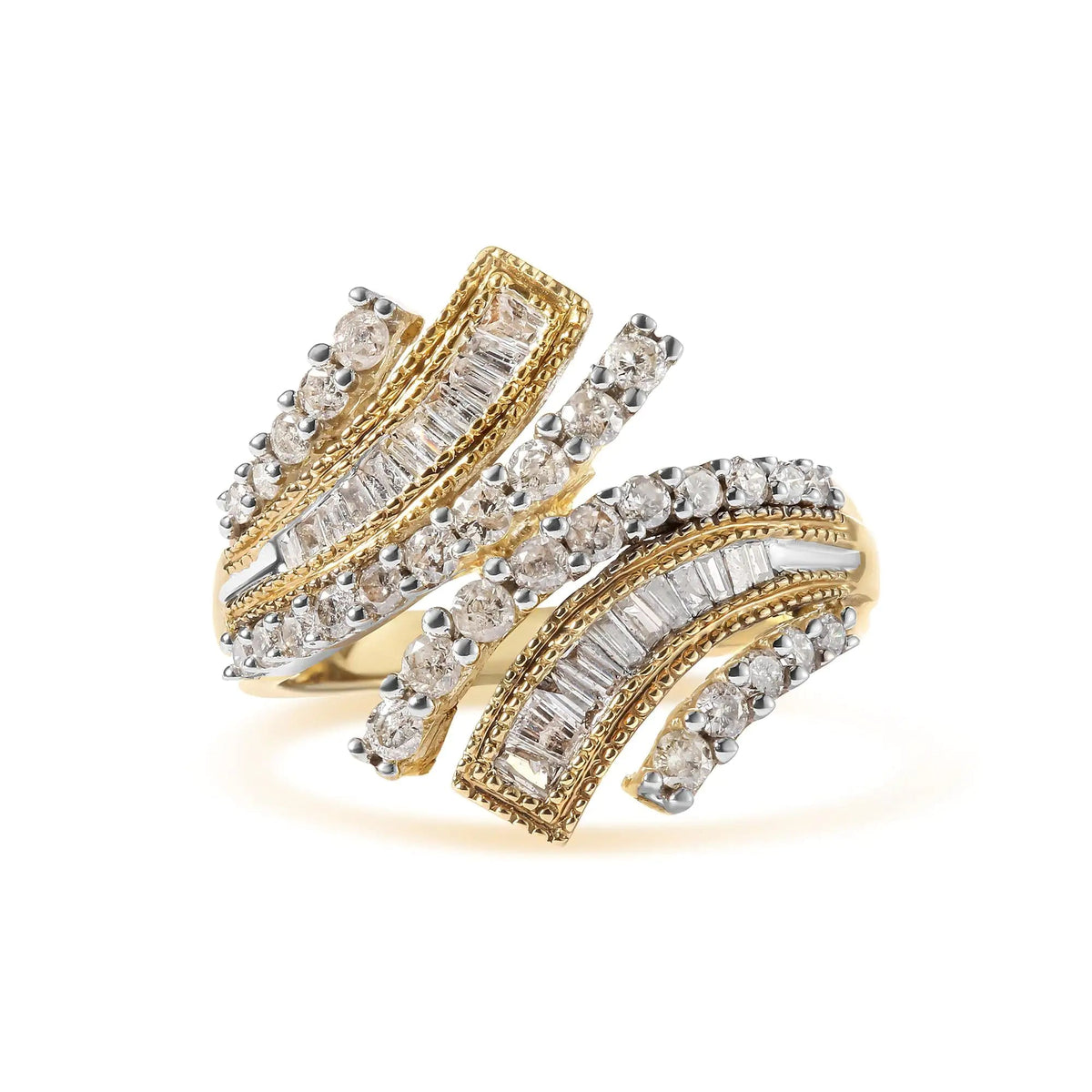 10K Yellow Gold 1.0 Cttw Round and Baguette Diamond Woven Bypass Ring (H - I,I1 - I2) - Rieworkes
