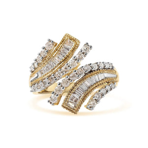 10K Yellow Gold 1.0 Cttw Round and Baguette Diamond Woven Bypass Ring (H - I,I1 - I2) - Rieworkes