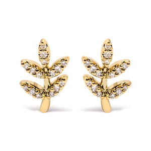10K Yellow Gold 1/10 Cttw Diamond Accented Leaf and Branch Stud Earrings (H - I Color, I1 - I2 Clarity) - Rieworkes