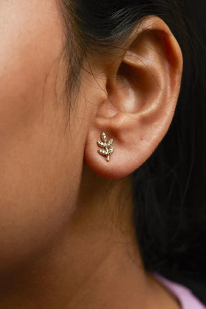 10K Yellow Gold 1/10 Cttw Diamond Accented Leaf and Branch Stud Earrings (H - I Color, I1 - I2 Clarity) - Rieworkes
