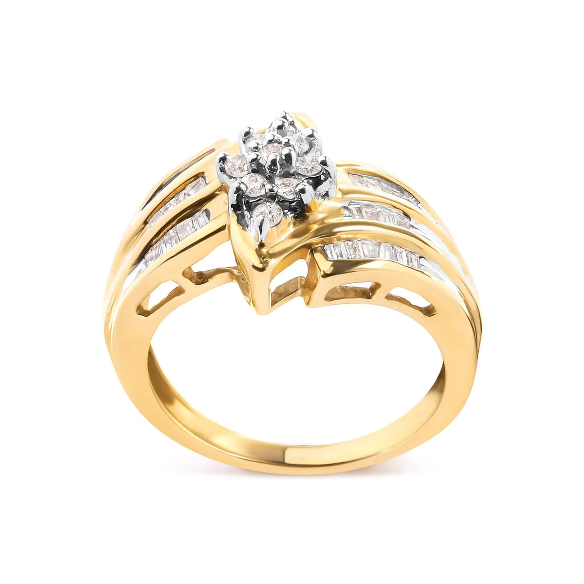 10K Yellow Gold 1/2 Cttw Round And Baguette - cut Diamond Cluster Head and Channel Set Shank Ring (H - I Color, I1 - I2 Clarity) - Rieworkes