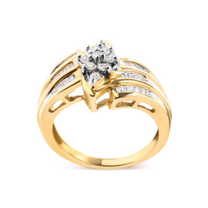 10K Yellow Gold 1/2 Cttw Round And Baguette - cut Diamond Cluster Head and Channel Set Shank Ring (H - I Color, I1 - I2 Clarity) - Rieworkes