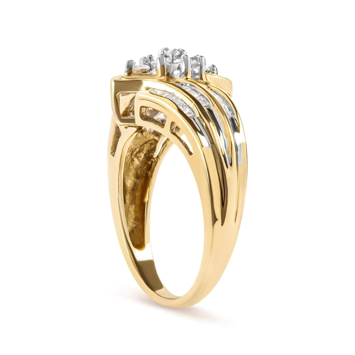 10K Yellow Gold 1/2 Cttw Round And Baguette - cut Diamond Cluster Head and Channel Set Shank Ring (H - I Color, I1 - I2 Clarity) - Rieworkes
