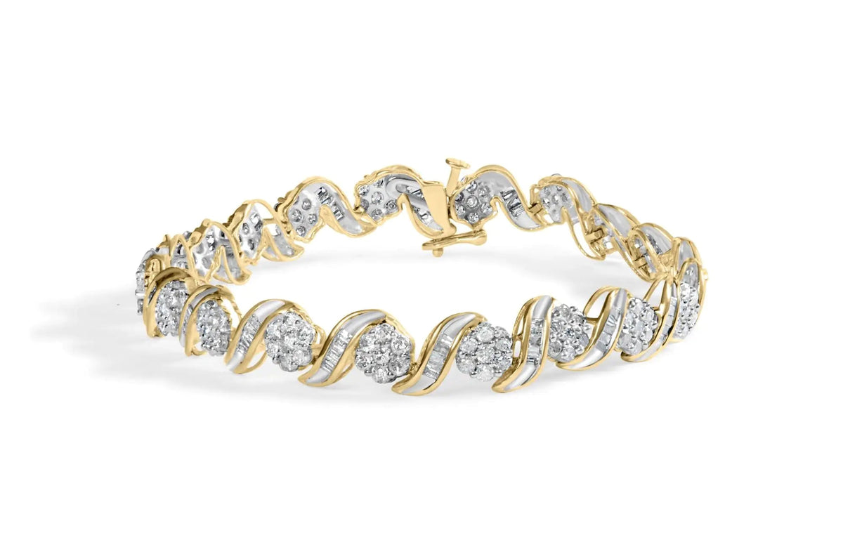 10K Yellow Gold 4.00 Cttw Diamond Floral Design Spiral Link 7.50" Bracelet (I - J Color, I2 - I3 Clarity) - Rieworkes