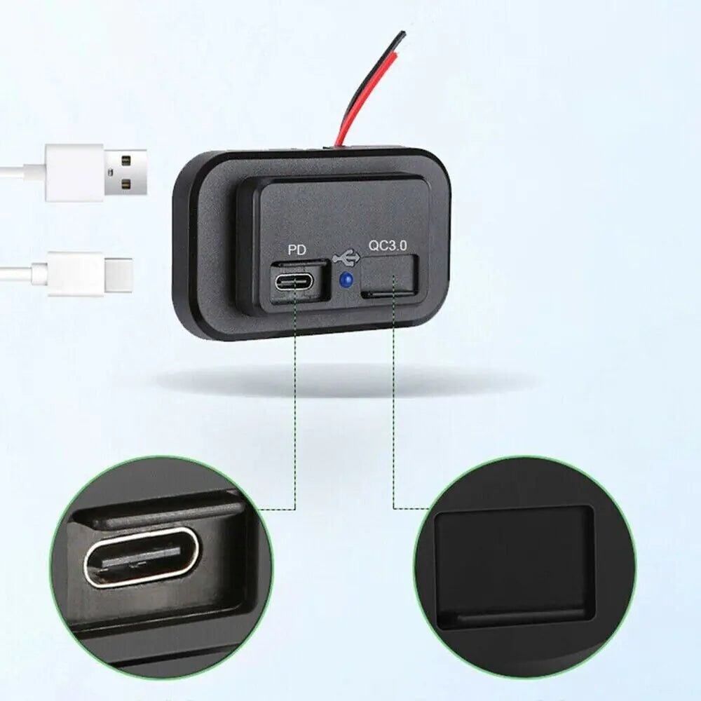 12 - 24V 4.8A Dual USB PD QC3.0 Car Boat RV Fast Charger Socket LED Power Outlet - Rieworkes