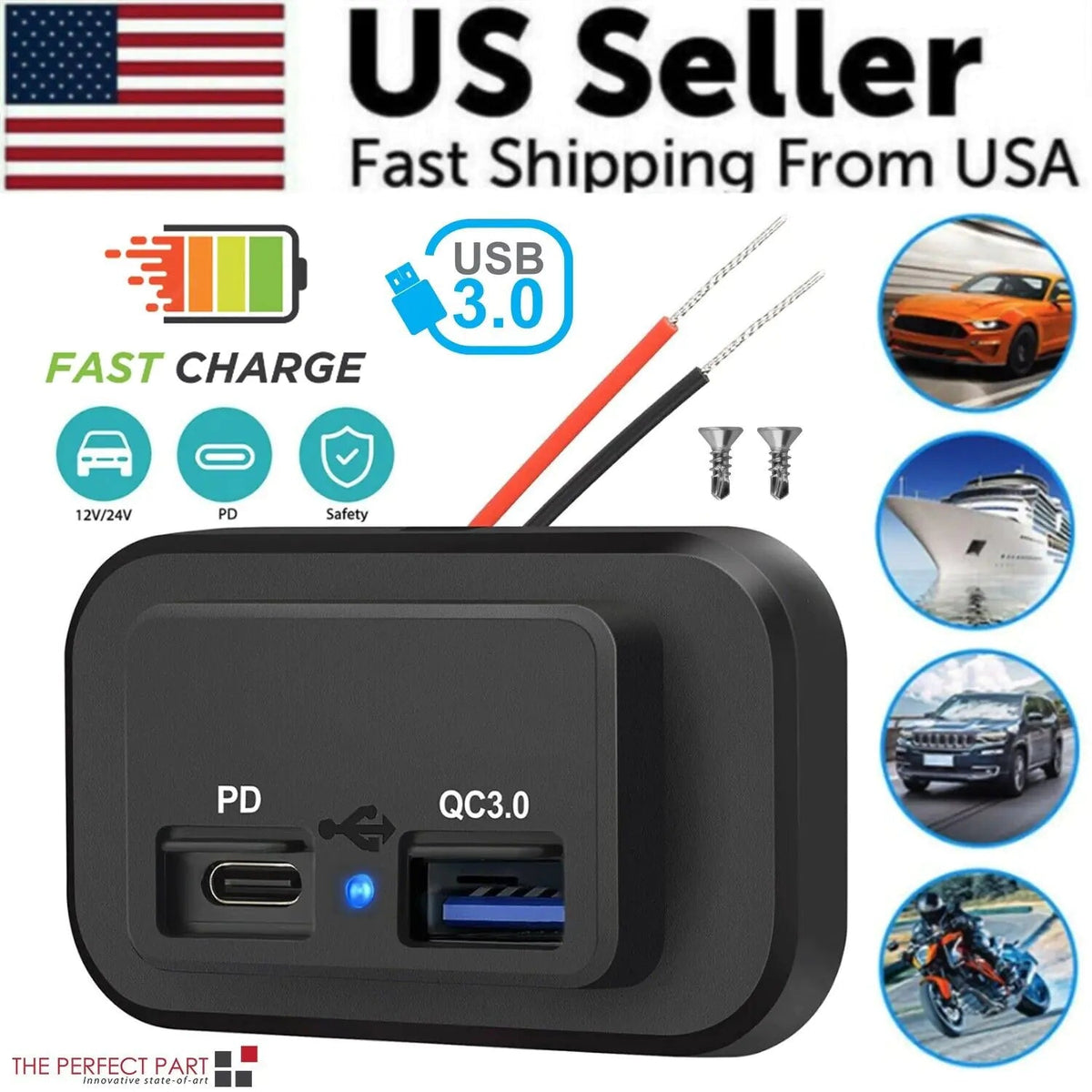 12 - 24V 4.8A Dual USB PD QC3.0 Car Boat RV Fast Charger Socket LED Power Outlet - Rieworkes