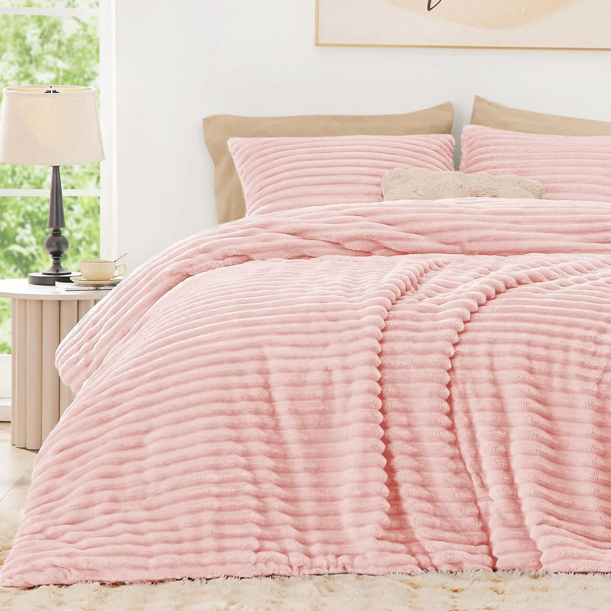 EXQ Home Fluffy Comforter Set King Size - Super Soft Faux Fur Stripe Jacquard Comforter 3 Pieces Pink Fleece Bedding SetWinter Warm Bed Set1 Comforter with 2 Pillowcases Rieworkes