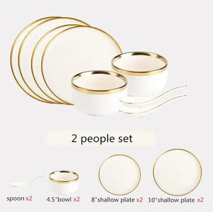 High-quality Matte Gilt Rim White Porcelain Dinner Tray Kitchen Plates Ceramic Tableware Food Dishes Rice Salad Noodles Bowl Rieworkes